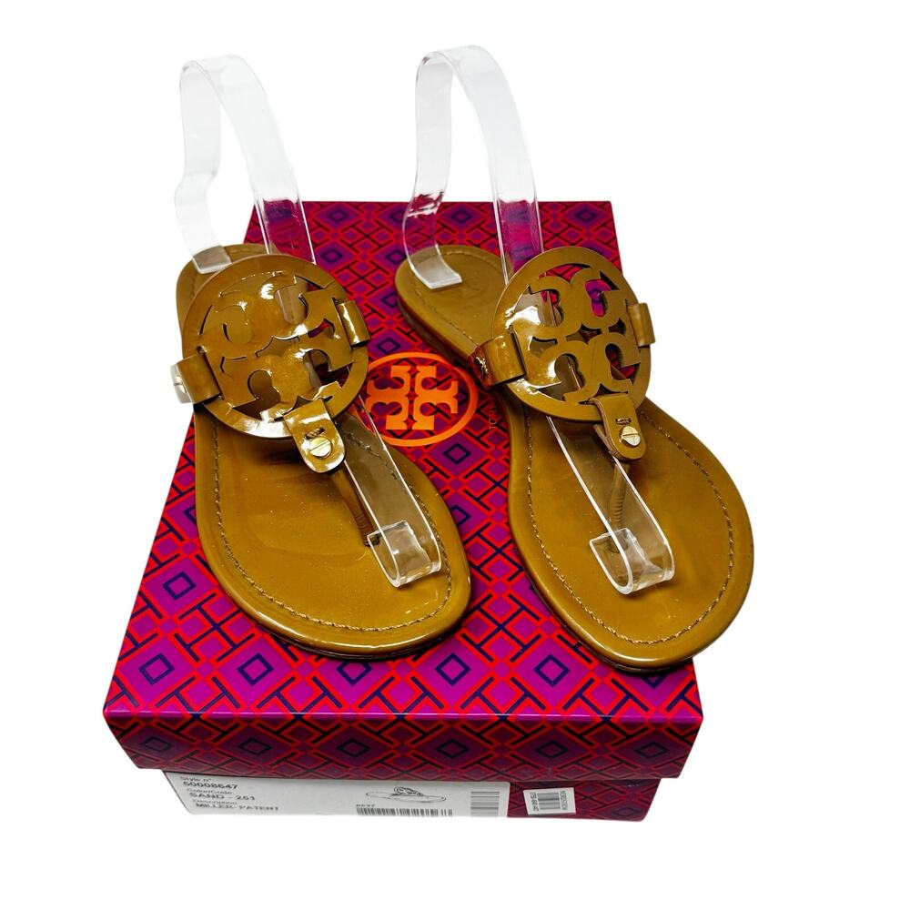 TORY BURCH Tan Caramel Patent Leather Miller Classic Designer Logo Sandals Sz 7